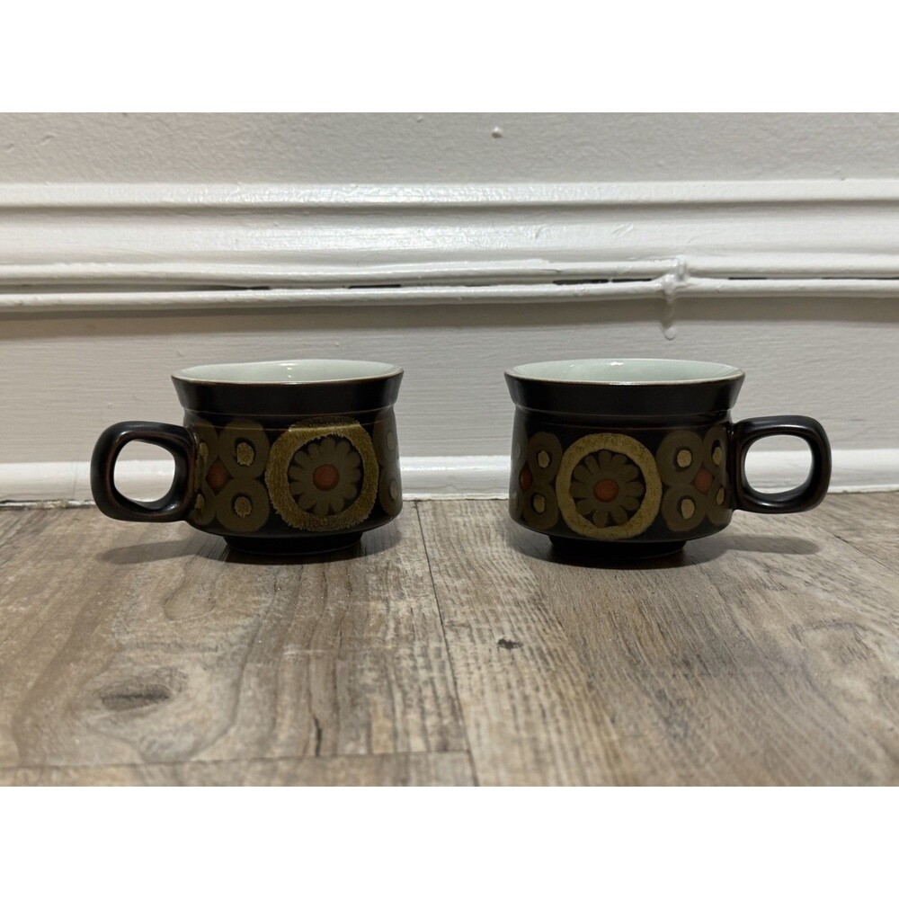 VINTAGE Denby Arabesque Tea Cups 1960’s Made in England Stoneware Set Of 2